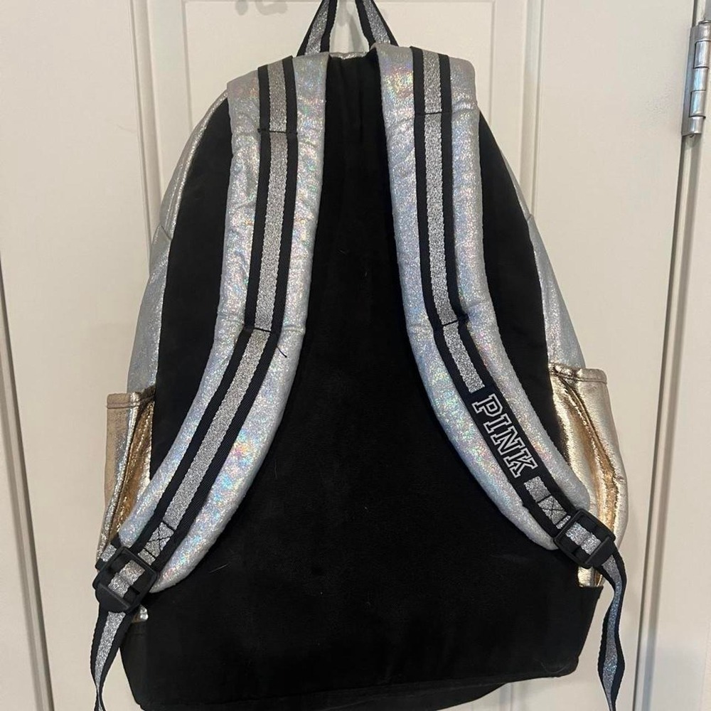 Victorias Secret PINK Campus Backpack Silver Gold MetallicLarge Bookbag RARE - Picture 6 of 8